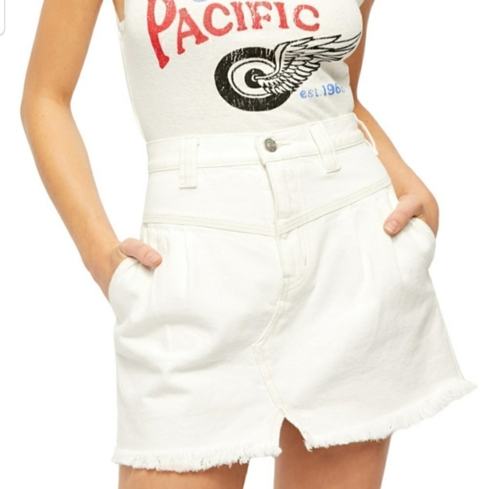 We the Free People Side Car mini skirt cream denim raw edge fringe hem new 27
